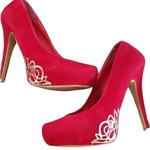 Red Suede Platform Heel Gold Accent